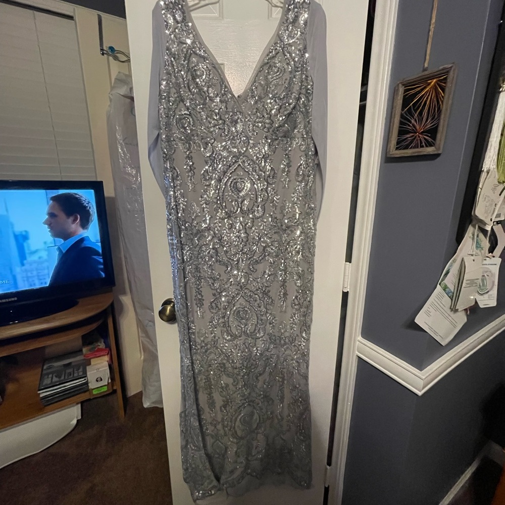 Silver Special Occassion Gown w/ Drape Sleeves